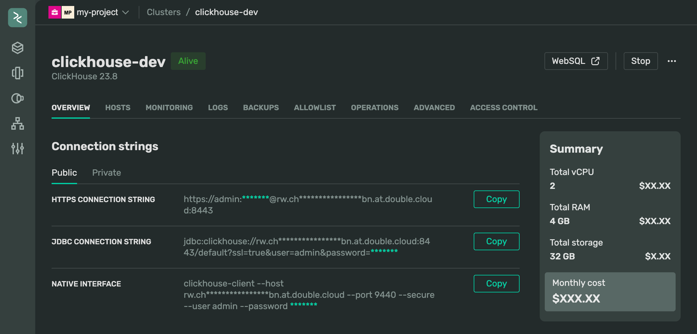 Screenshot of a ClickHouse® cluster page in the DoubleCloud console