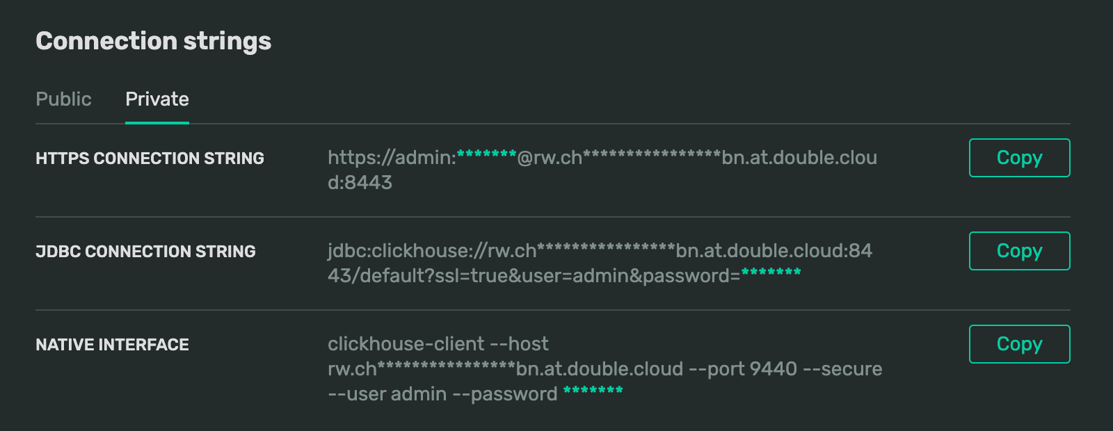 Screenshot of the ClickHouse® cluster private connection strings