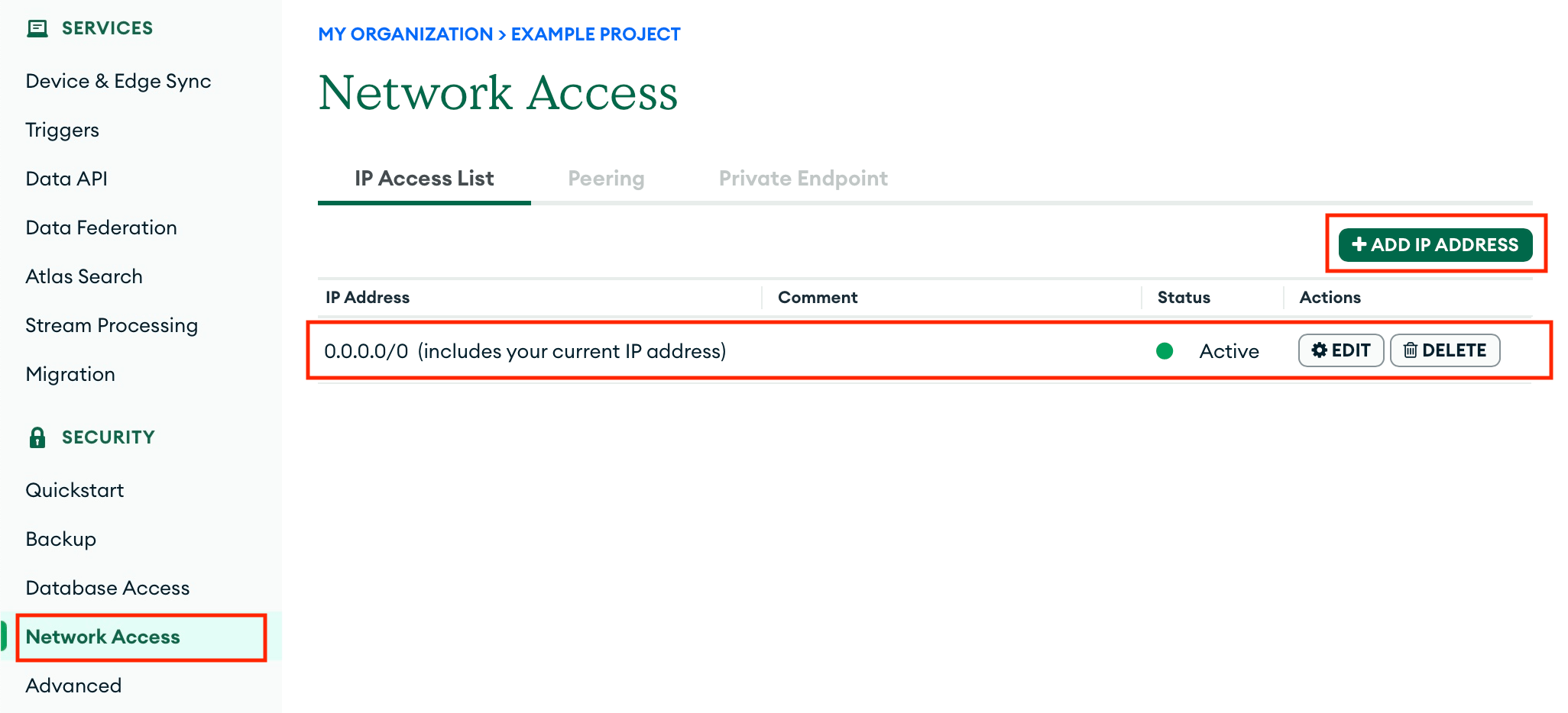 Screenshot showing network access configuration in MongoDB Atlas settings