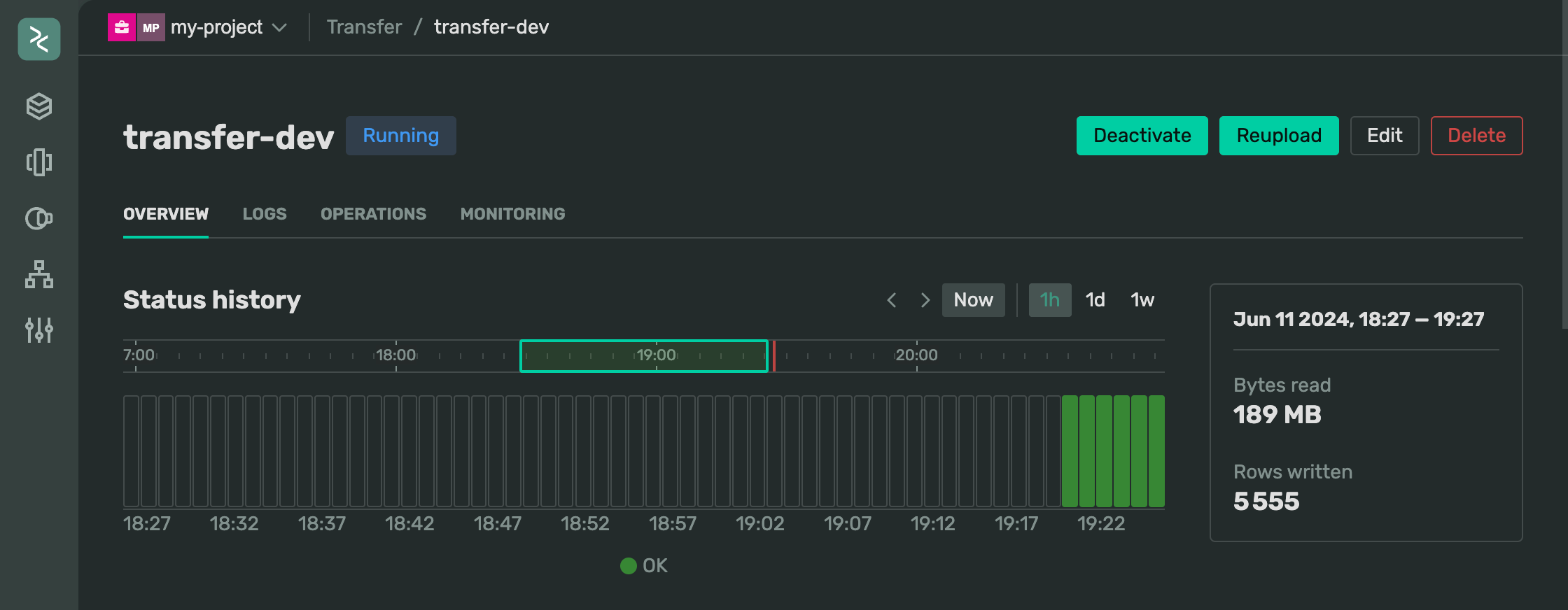 Screenshot showing a transfer page with green bars that indicate successful data transfer