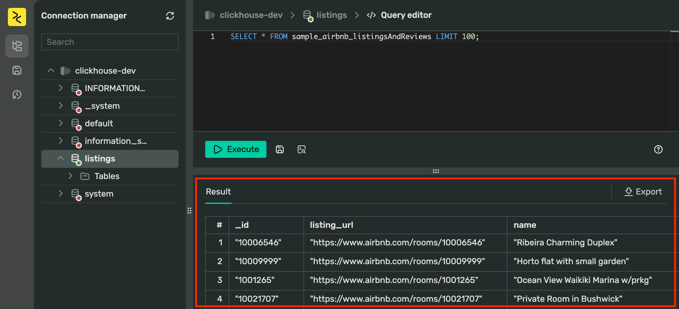 Screenshot showing WebSQL with a query and results