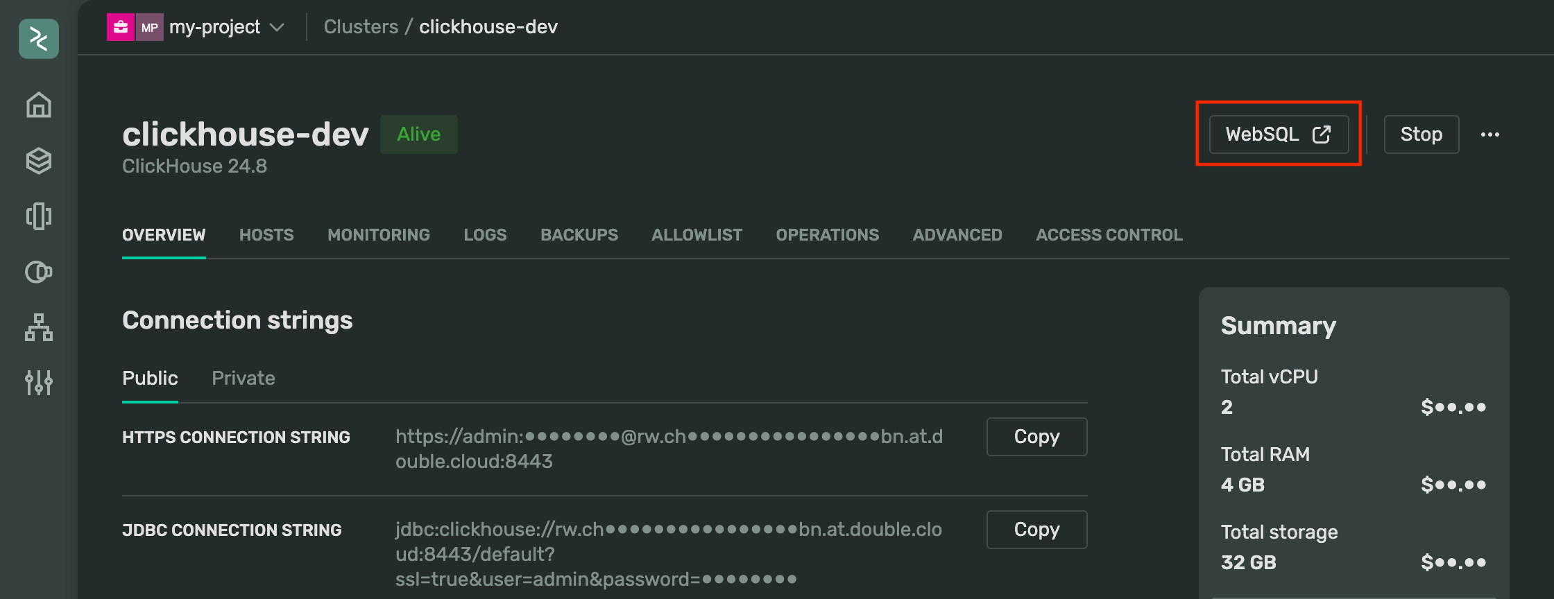 Screenshot of a ClickHouse® cluster page in the DoubleCloud console showing the WebSQL button