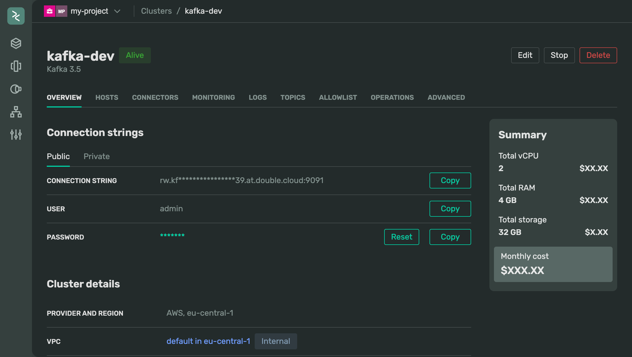 Screenshot of a newly created Managed Apache Kafka® cluster in the DoubleCloud console